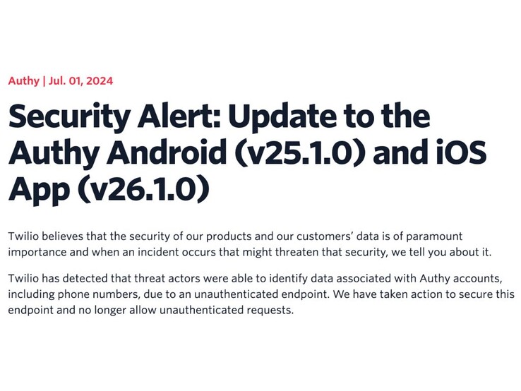 Twilio a encouragé les utilisateurs à mettre à jour l'application Authy de toute urgence pour des raisons de sécurité (Source : Twilio)