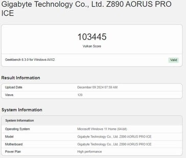 Performances Vulkan de l'Intel Arc B580. (Source de l'image : Geekbench)