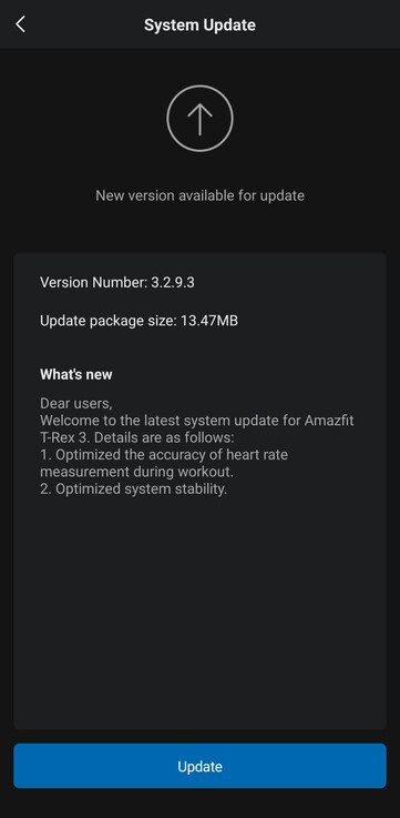 Le journal des modifications de la version 3.2.9.3 du firmware du Amazfit T-Rex 3 (Source : u/Ech0ke via Reddit)