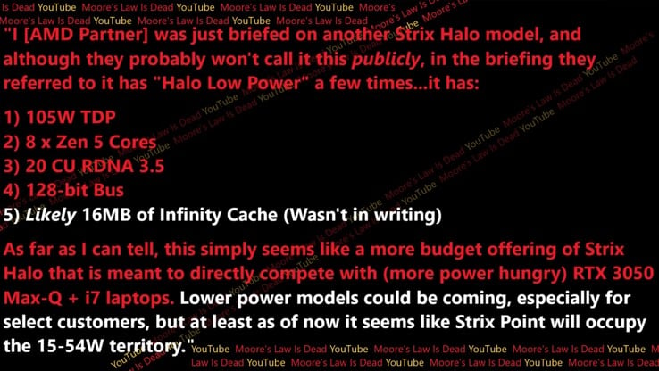 Fuite des spécifications et des performances de la Strix Halo LP. (Image source : Moore's Law Is Dead)