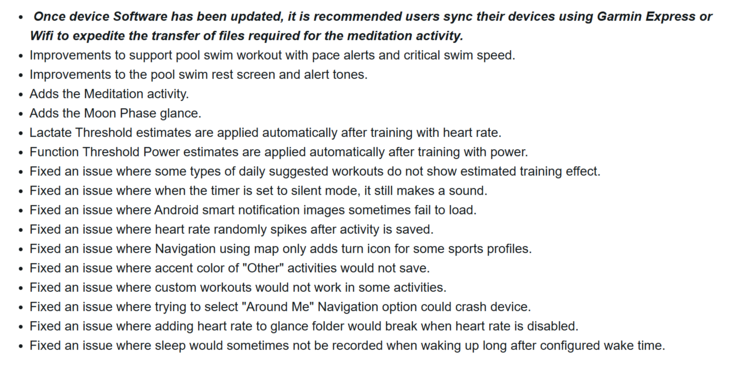 Le journal des modifications de la version 21.16 de la mise à jour bêta pour certaines smartwatches Garmin Forerunner. (Source de l'image : Garmin)