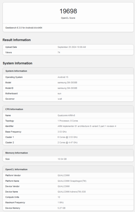 Performances OpenCL de l'Adreno 830 (Geekbench) (source : Geekbench)