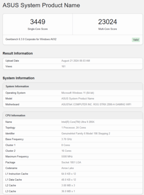 Intel Core Ultra 9 285K score Geekbench (image source : Geekbench)