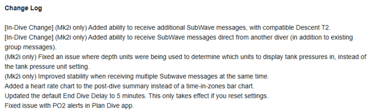 Le journal des modifications de la version 26.30 de la série Garmin Descent Mk2. (Source de l'image : Garmin)