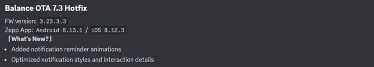Les notes de version pour l'Amazfit Balance OTA 7.3 Hotfix. (Image source : Zepp Health via Discord)