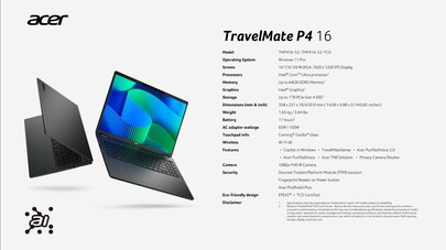 Acer TravelMate P4 16 : Spécifications. (Source : Acer)