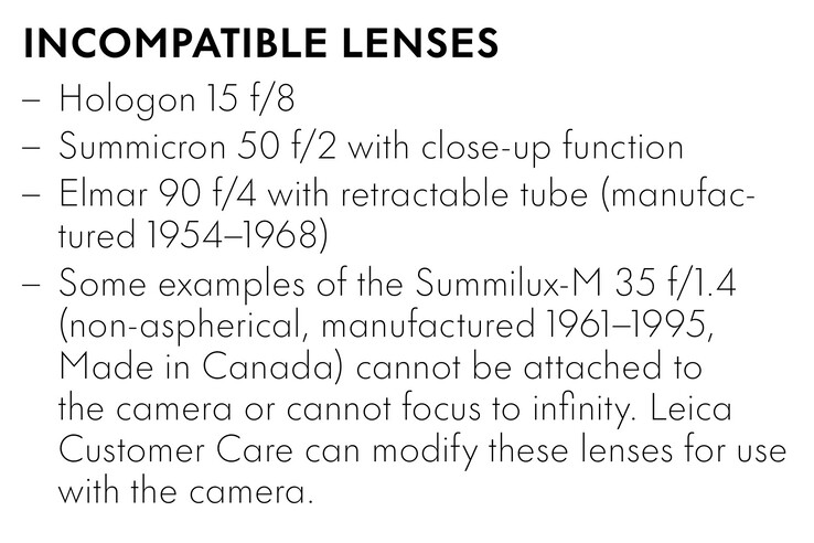 Le Leica M11-D est compatible avec presque tous les objectifs Leica M fabriqués depuis 1954, à l'exception de ces objectifs. (Source de l'image : Leica)