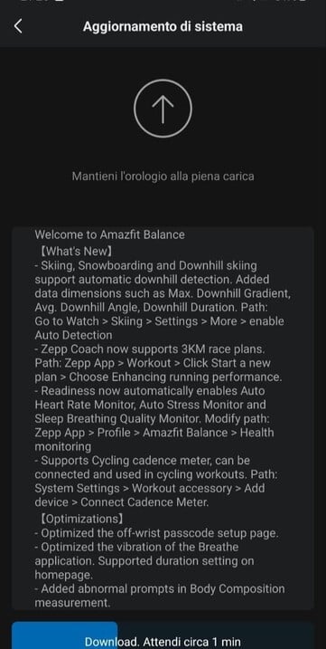 La mise à jour 3.16.4.3 de l'Amazfit Balance (Image source : Matteo Calori via Facebook)