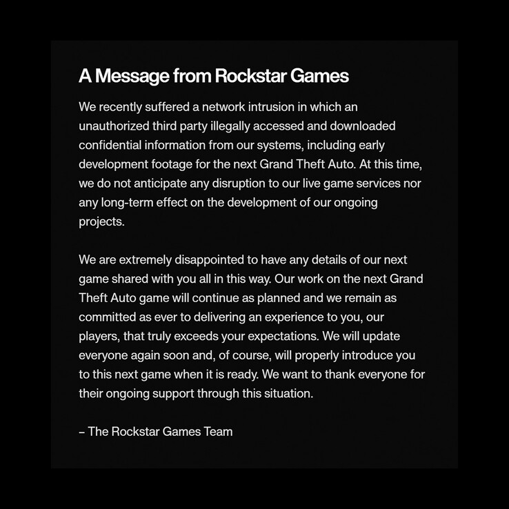 Le message que Rockstar Games a publié à l'intention de ses fans à la suite de la fuite d'images du jeu 2022. (Source de l'image : Rockstar Games)