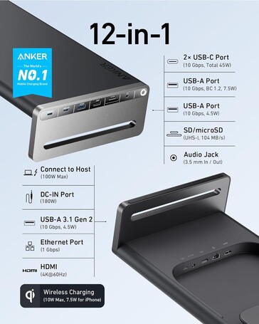 La station d'accueil USB-C Anker 675 (12-en-1, support pour moniteur, sans fil). (Source de l'image : Anker)