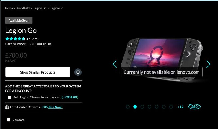 Les visiteurs de plusieurs sites Lenovo en Europe sont accueillis par ce message "Currently not available on lenovo.com" lorsqu'ils se rendent sur la page du produit Legion Go. (Source de l'image : Lenovo UK)