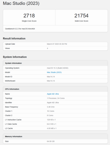 Apple M2 Ultra Geekbench Score CPU (image score Geekbench)