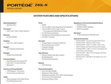 Spécifications complètes de la variante Core Ultra 7 (Image source : Dynabook)