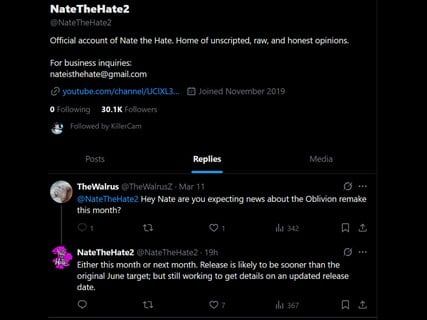 Nate the Hate Oblivion remake X post update (Image source : screenshot, NateTheHate2 X account)