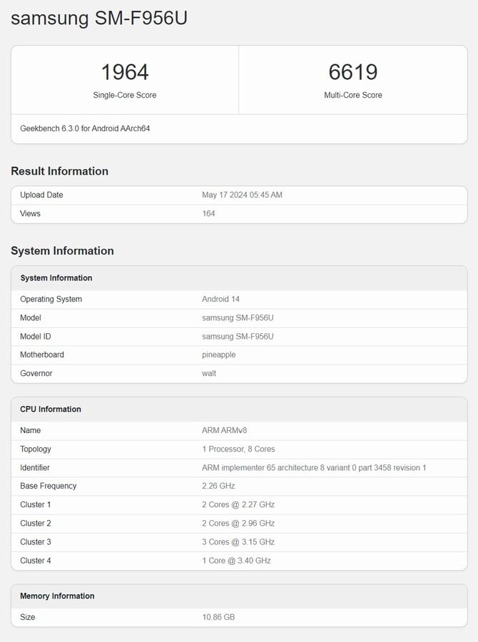 Un modèle américain du Samsung Galaxy Z Fold6 avec Snapdragon 8 Gen 3 est apparu sur Geekbench.