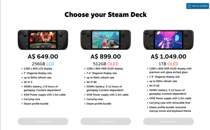 Prix du Steam Deck en Australie (image source : Valve)