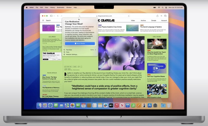 macOS Sequoia propose un mode de lecture remanié dans Safari avec d'impressionnantes capacités anti-distraction. (Source : Apple)