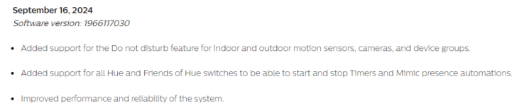 Les notes de mise à jour de la version logicielle 1966117030 pour le pont Philips Hue. (Source de l'image : Philips)
