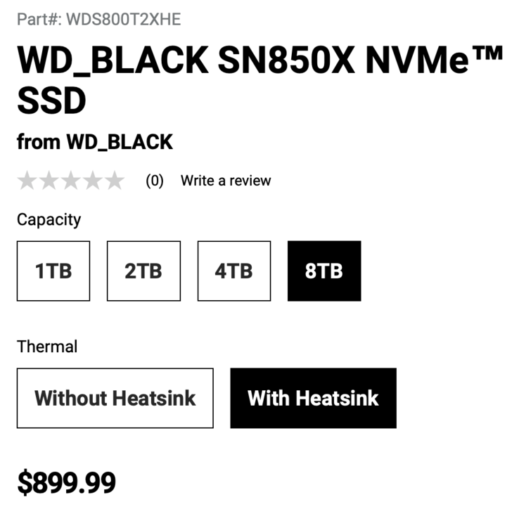 La variante SN850X 8 To avec dissipateur thermique vous coûtera 899 $ (Source : WD)