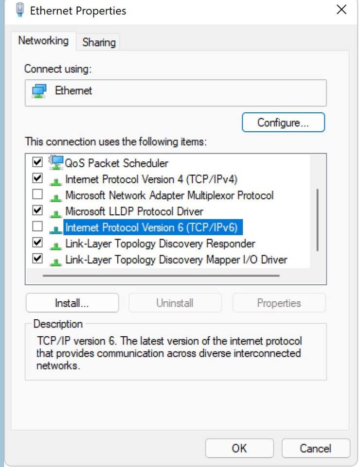 Les utilisateurs de Windows qui n'installent pas les correctifs de sécurité d'août 2024 doivent désactiver l'IPv6 dans les adaptateurs réseau. (Source de l'image : Microsoft)