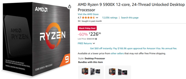 Probablement le plus fortement décoté, le 5900x offre 12 cœurs à 4,8 GHz pour un prix ridiculement bas (Image Source : Amazon)