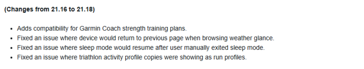 Le journal des modifications de la version bêta 21.18 pour les montres Forerunner 255 et Forerunner 955. (Source de l'image : Garmin)