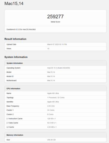 Apple M3 Ultra Geekbench GPU Metal score (image score Geekbench)