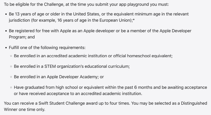 Les étudiants qui remplissent les conditions d'éligibilité suivantes peuvent poser leur candidature au Swift Student Challenge 2025. (Source de l'image : Apple)