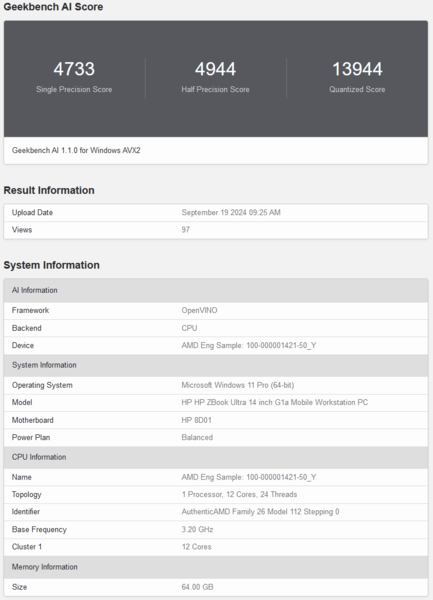 Score Geekbench AI d'AMD Ryzen AI Max 390 (source d'image : Geekbench)