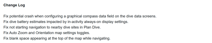 Le journal des modifications de la mise à jour 19.50 pour les ordinateurs de plongée Garmin Descent Mk3. (Source de l'image : Garmin)