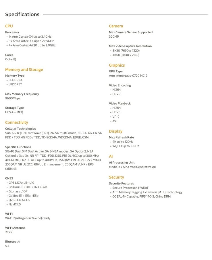 Spécifications du Dimensity 9300+ de MediaTek (image via MediaTek)