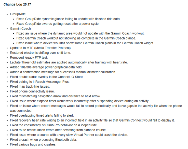 Le journal des modifications de la mise à jour bêta 25.17 pour les appareils Garmin X40 Edge. (Source de l'image : Garmin)