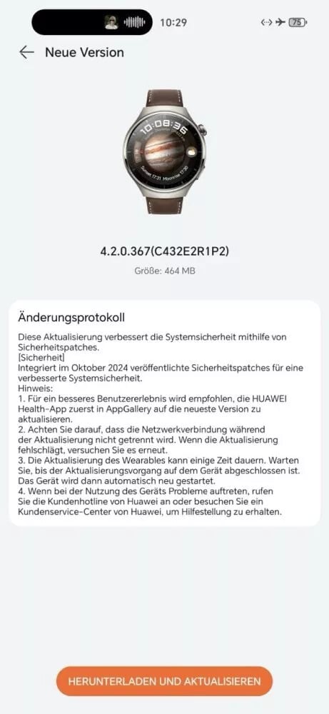 Les notes de mise à jour de la version 4.2.0.367 du logiciel pour la Huawei Watch 4 Pro. (Image source : Huaweiblog.de via Google Translate)