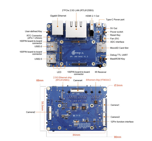 Carte porteuse OrangePi CM5. (Source de l'image : Orange Pi)