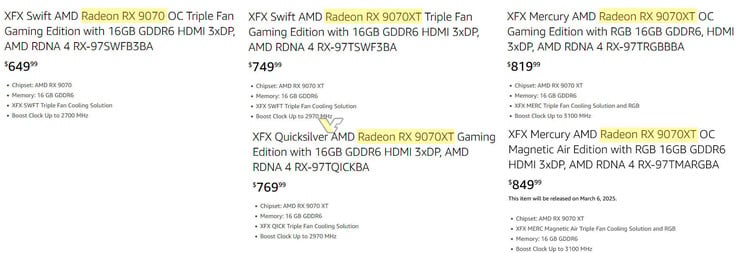 Prix indicatifs pour les cartes XFX RX 9070 et RX 9070 XT. (Source de l'image : VideoCardz)