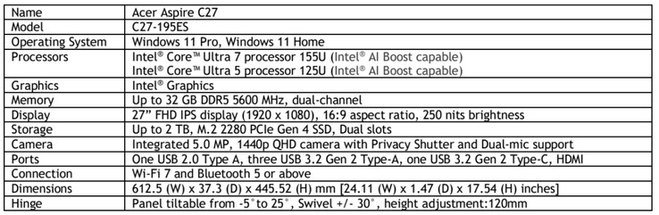 Acer Aspire C27 Intel Meteor Lake specs (Image source : Acer)