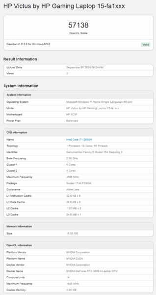 Nvidia GeForce RTX 3050 A Score OpenCL de Geekbench (source d'image : Geekbench)