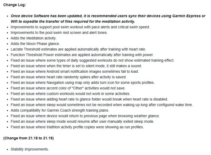 Le journal des modifications de la mise à jour bêta 21.19 pour diverses smartwatches Garmin Forerunner. (Source de l'image : Garmin)