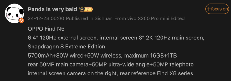 Les détails de l'Oppo Find N5 ont été divulgués. (Source de l'image : Weibo)