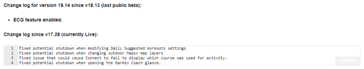 Le journal des modifications de la version Beta 18.14 de Garmin. (Source de l'image : Garmin)