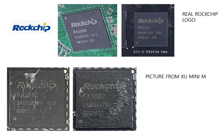 Une comparaison côte à côte du logo Rockchip légitime, juste à côté d'une image de l'ordinateur de poche MagicX XU Mini M. (Source de l'image : RetroHandhelds on X/Twitter)