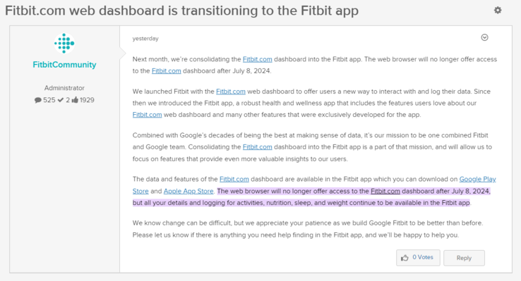 Le message du forum annonçant le retrait du tableau de bord web Fitbit.com.