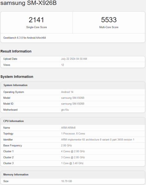 Samsung Galaxy Tab S10 Ultra Geekbench listing (source d'image : Geekbench)