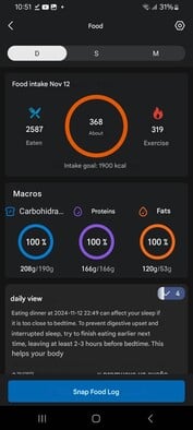 Capture d'écran montrant l'aperçu du journal alimentaire et des conseils sur l'heure des repas dans l'application Zepp. (Source de l'image : Facebook)