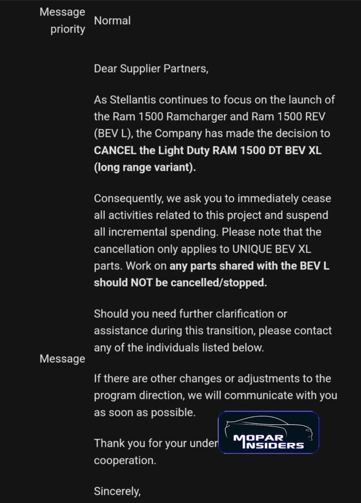 La note d'annulation du RAM 1500 REV à longue portée envoyée aux fournisseurs