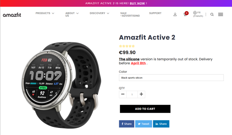 La smartwatch Amazfit Active 2 est en rupture de stock dans certains pays européens. (Source de l'image : Amazfit)