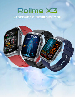 Rollme X3 smartwatch en noir, bleu et rouge (Image source : Rollme)