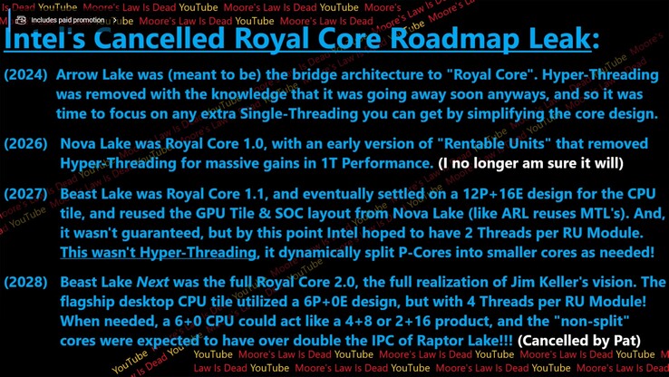 Feuille de route des processeurs Royal Core d'Intel. (Source de l'image : Moore's Law Is Dead sur YouTube)