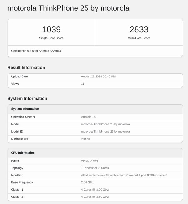 Le nouveau ThinkPhone est doté de 8 Go de mémoire vive, mais il y aura probablement d'autres configurations. (Source de l'image : Geekbench)