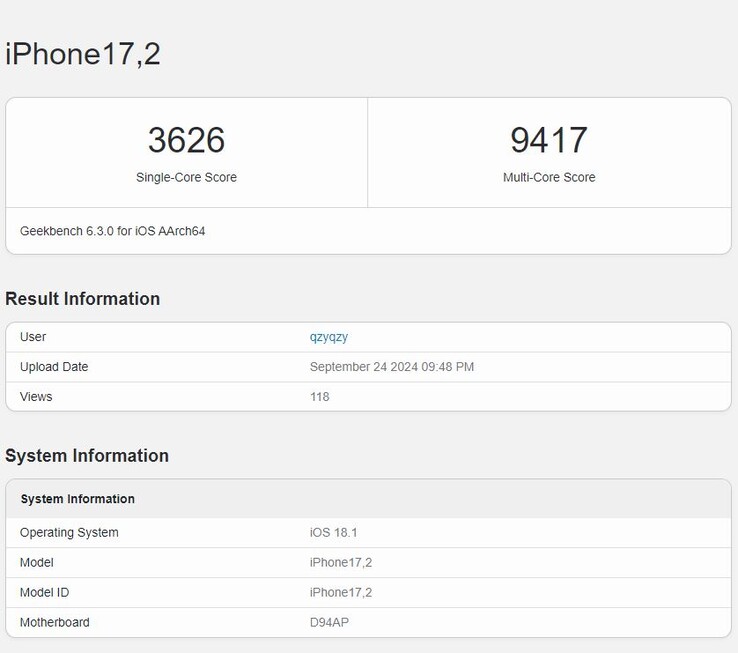 Apple Les récents résultats obtenus par l'A18 Pro sur Geekbench révèlent une amélioration significative des performances. (Source de l'image : Geekbench)